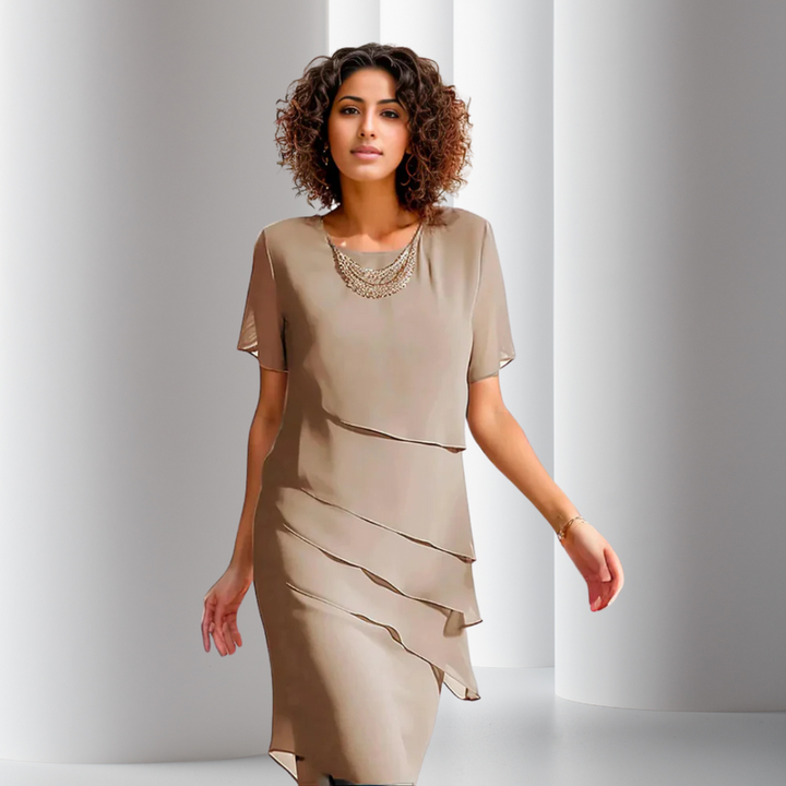 Women's Elegant Chiffon Party Dress for Evening Events in Khaki