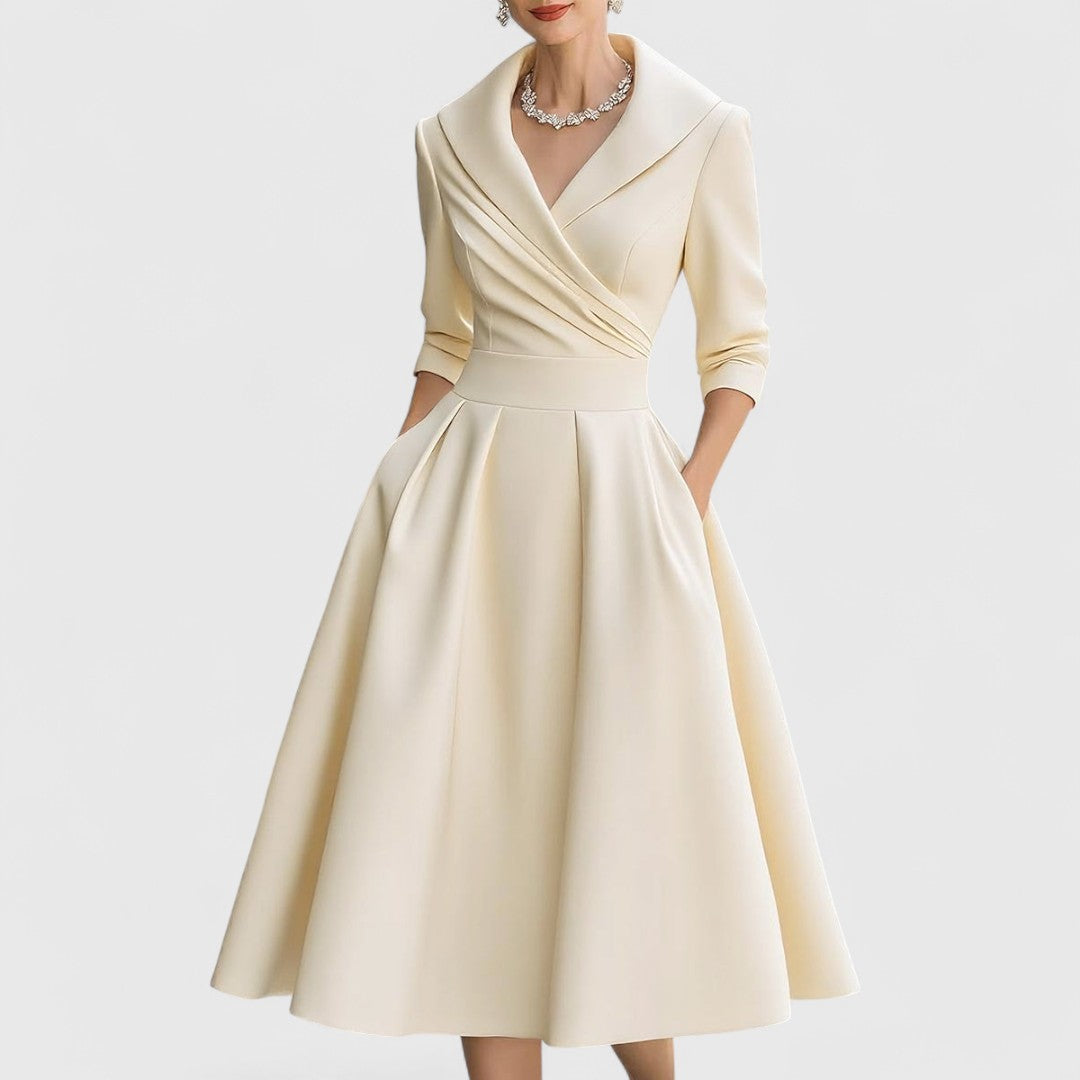 Women's Elegant Dress with Midi Flared Skirt in Beige