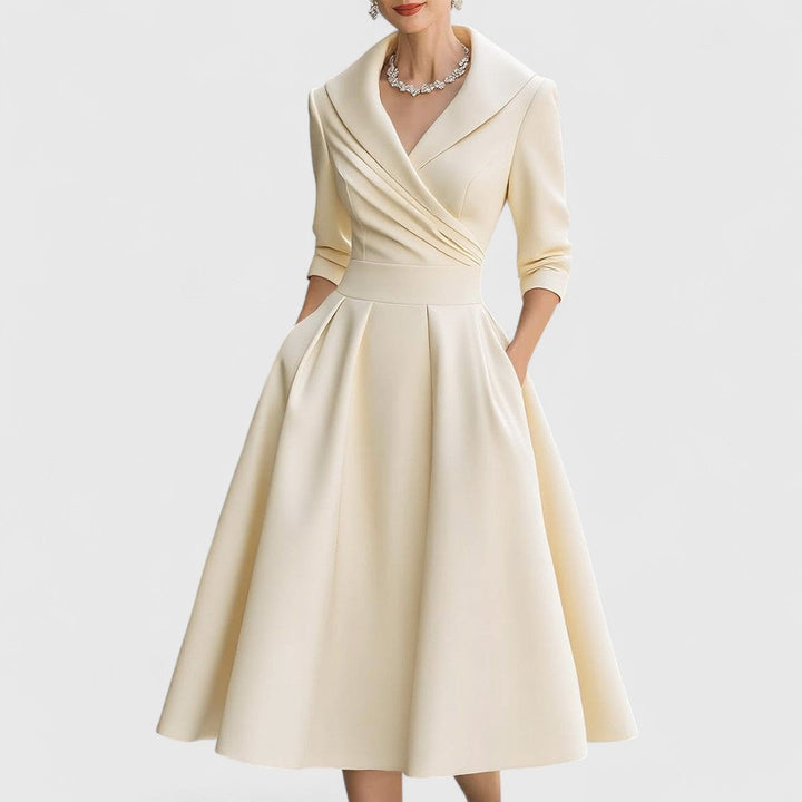 Women's Elegant Dress with Midi Flared Skirt in Beige