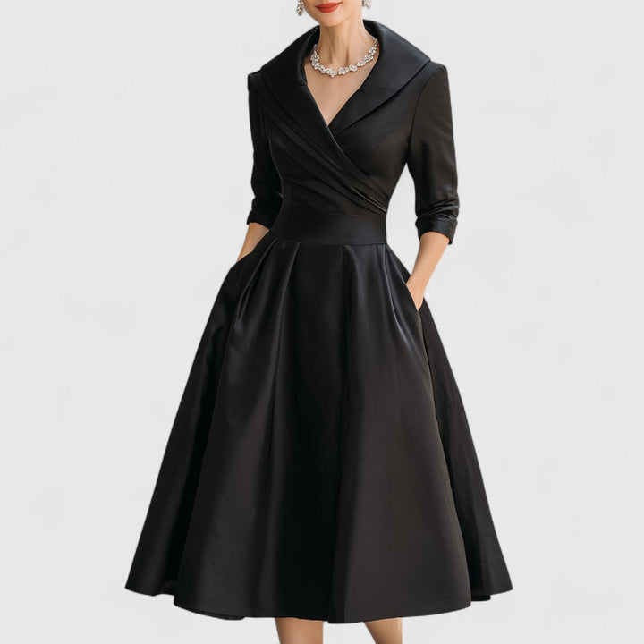 Women's Elegant Dress with Midi Flared Skirt in Black