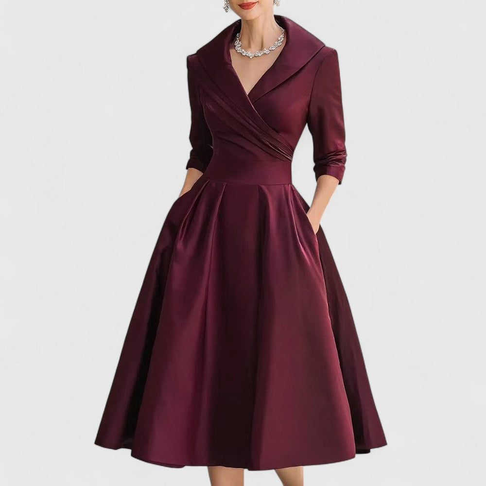 Women's Elegant Dress with Midi Flared Skirt in Deep Red