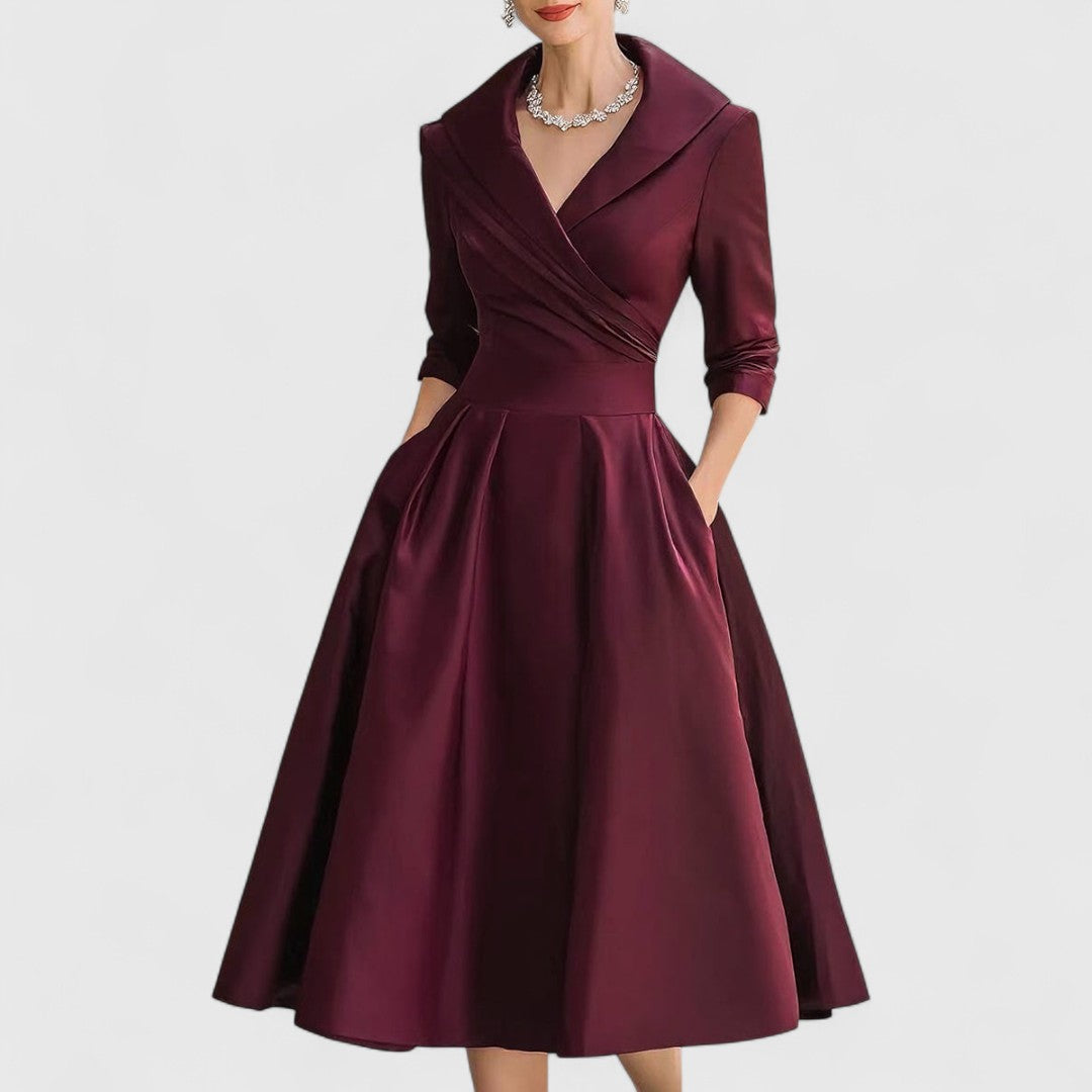 Women's Elegant Dress with Midi Flared Skirt in Deep Red