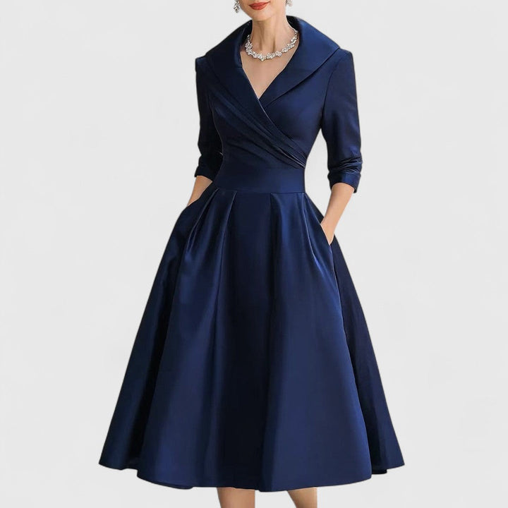 Women's Elegant Dress with Midi Flared Skirt in Navy Blue (Last Sizes)