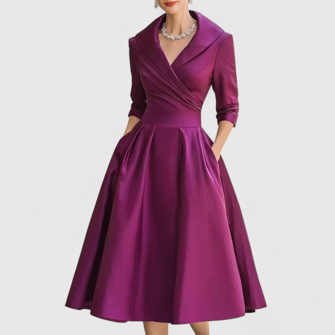Women's Elegant Dress with Midi Flared Skirt in Purple