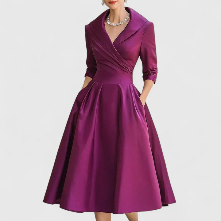 Women's Elegant Dress with Midi Flared Skirt in Purple