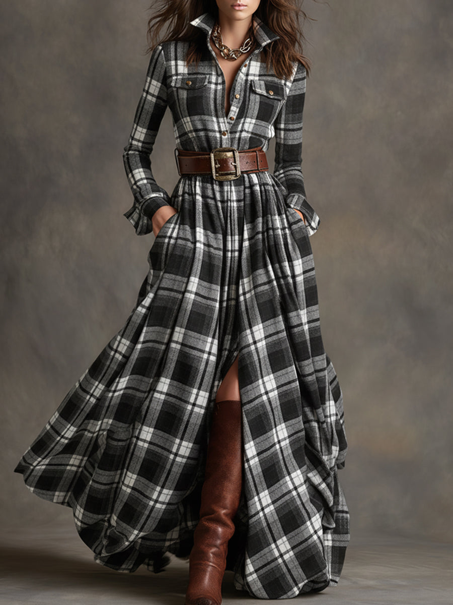 Women's Elegant Evening Dress in Vintage Plaid in Black