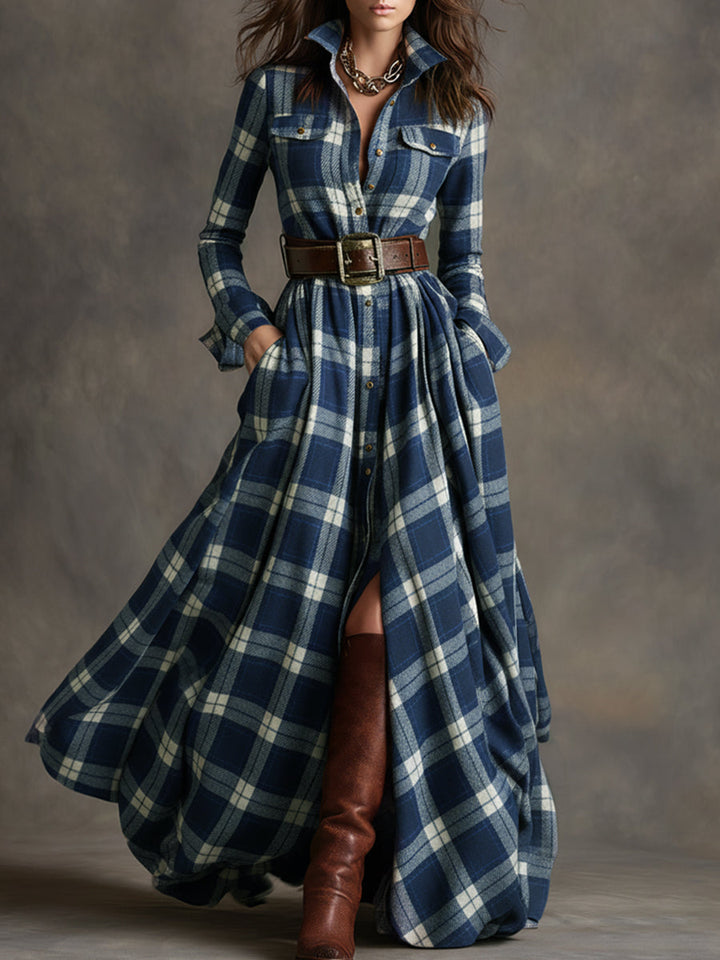 Women's Elegant Evening Dress in Vintage Plaid in Blue