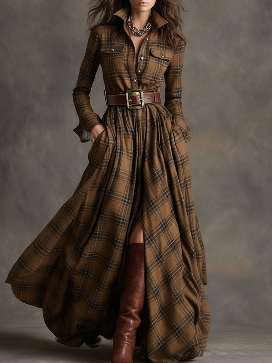Women's Elegant Evening Dress in Vintage Plaid in Brown