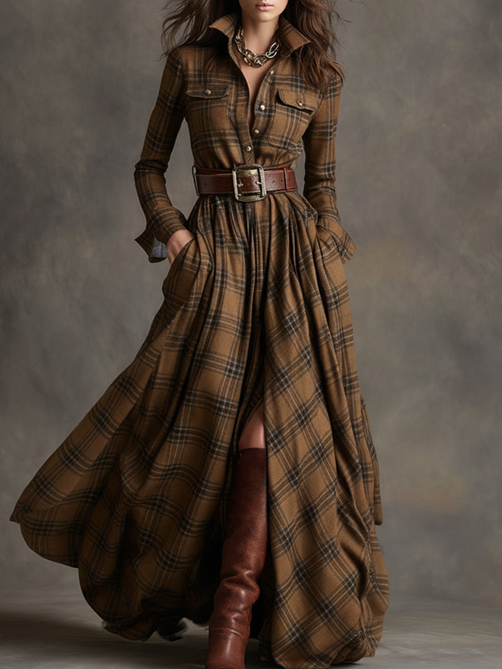 Women's Elegant Evening Dress in Vintage Plaid in Brown