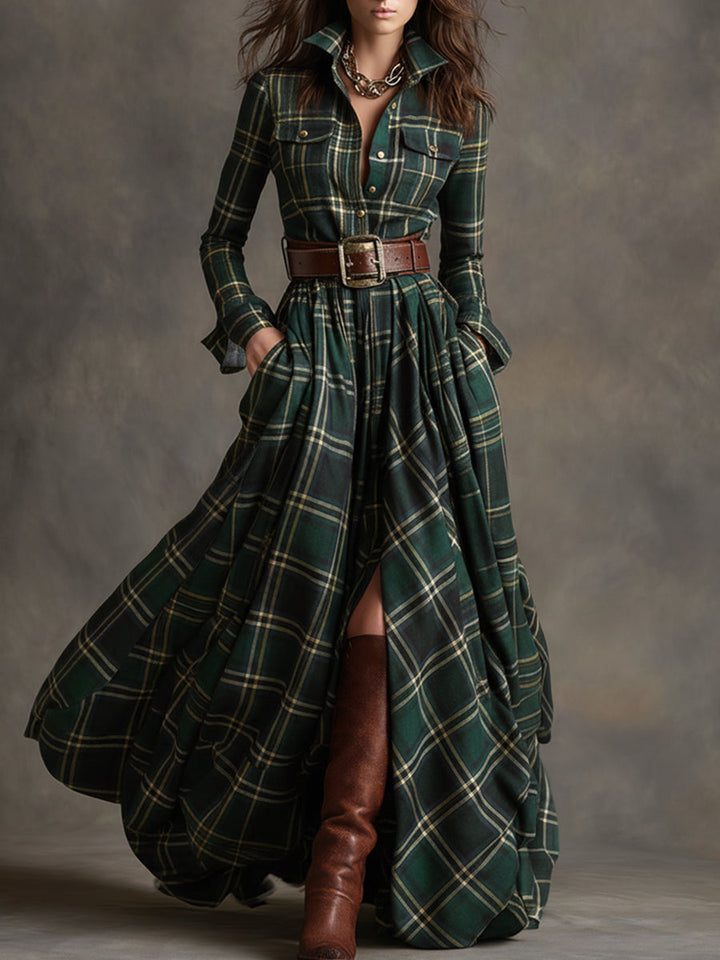 Women's Elegant Evening Dress in Vintage Plaid in Green