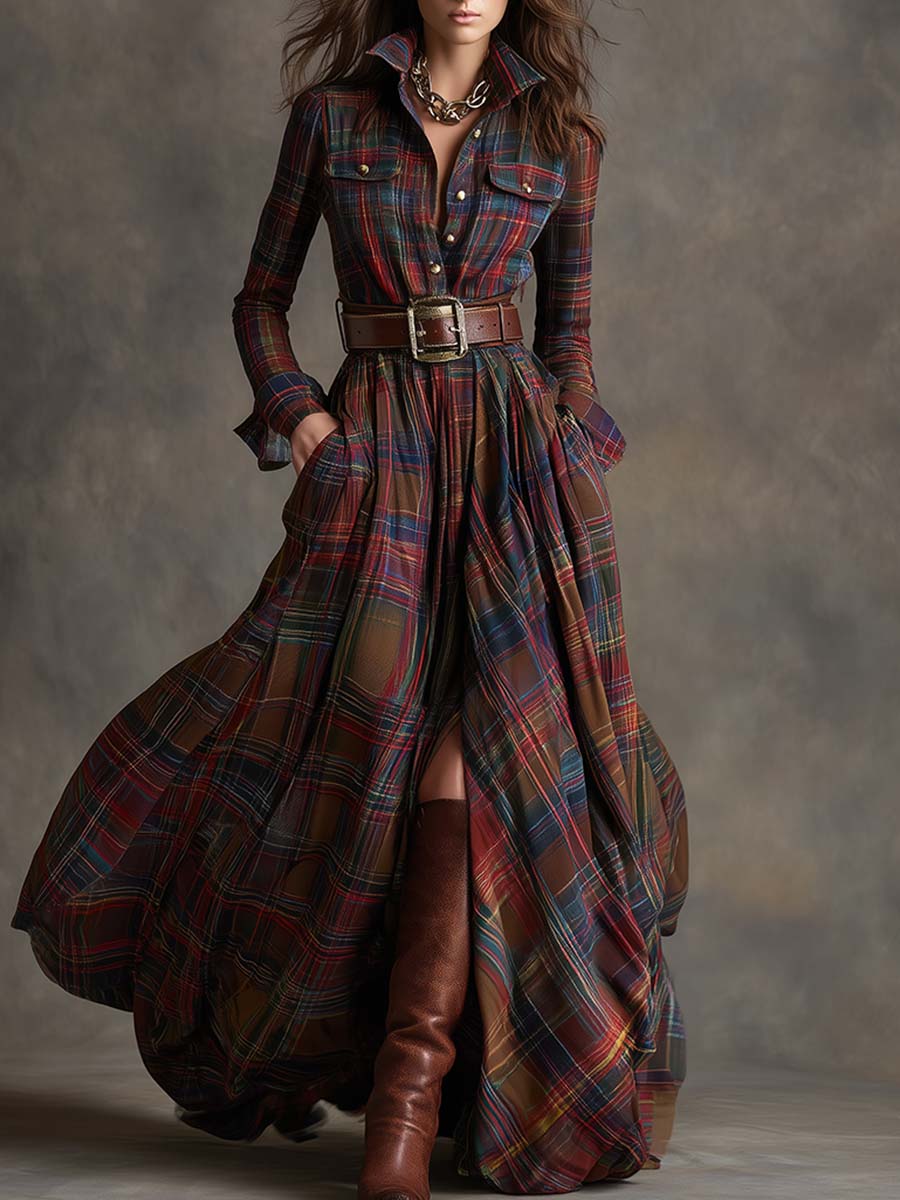 Women's Elegant Evening Dress in Vintage Plaid in Rötlich Braun