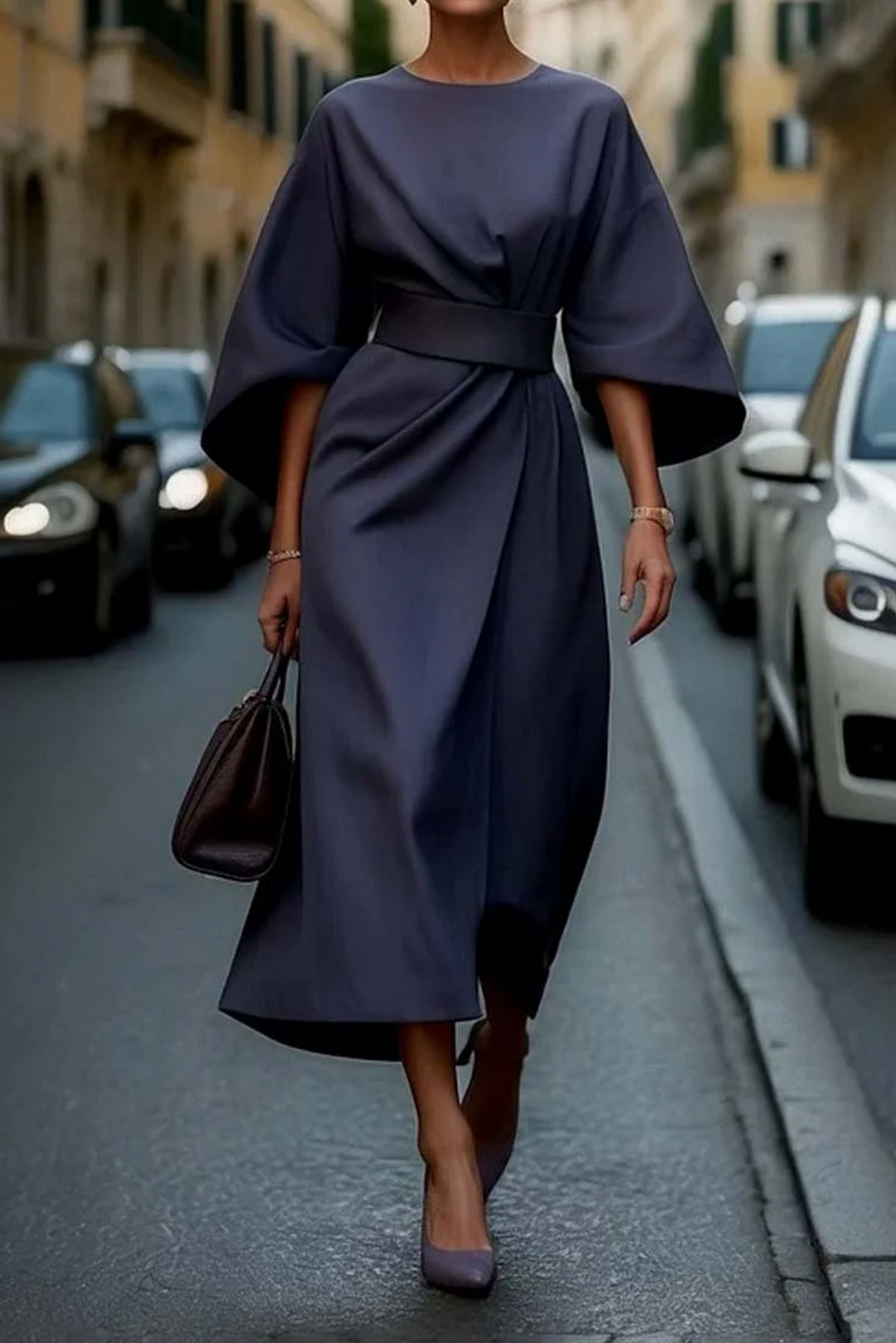 Women's Elegant Flowing Maxi Dress for Evening in Navy Blue