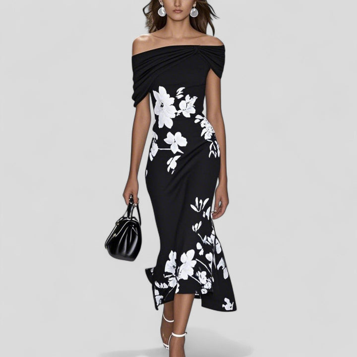 Women's Elegant Midi Dress Off-Shoulder Floral in Black