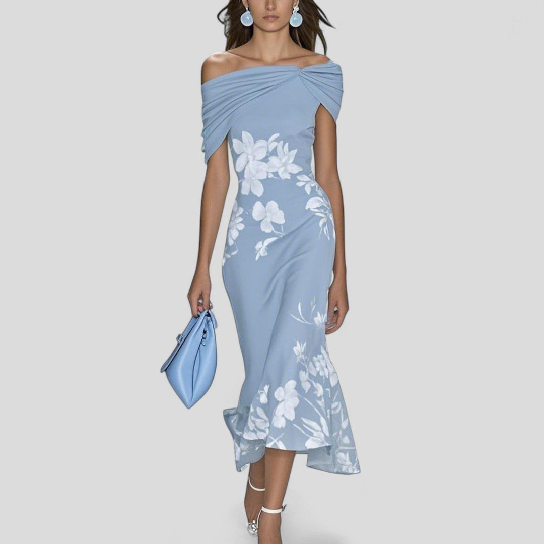 Women's Elegant Midi Dress Off-Shoulder Floral in Blue