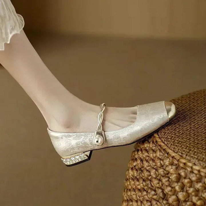 Women's Elegant Satin Pumps with Square Toe in Beige