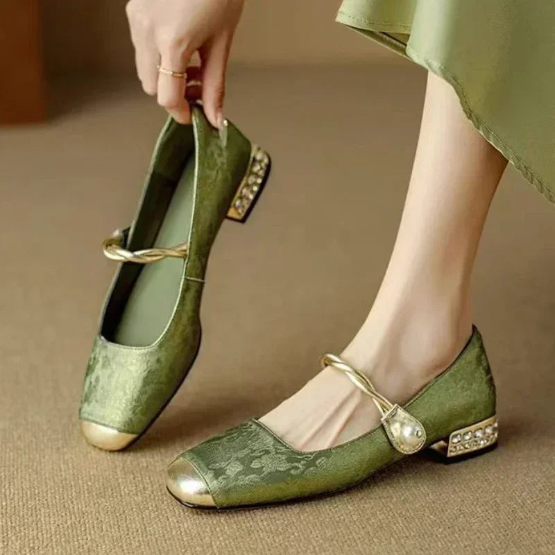 Women's Elegant Satin Pumps with Square Toe in Green