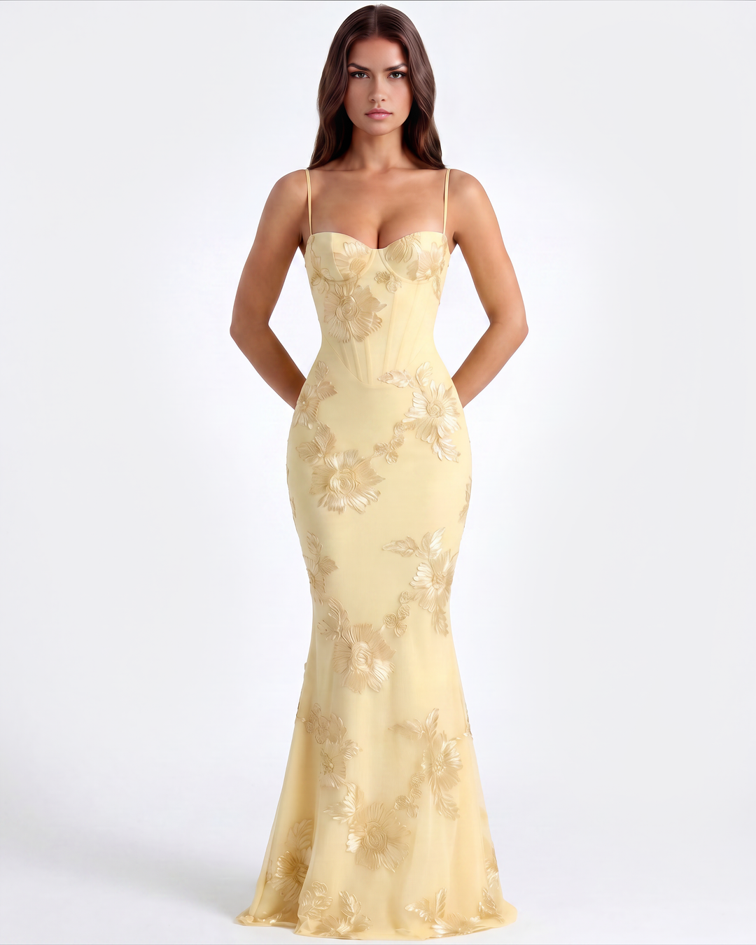 Women's Embroidered Fall Wedding Guest Maxi Dress in Butter Gelb