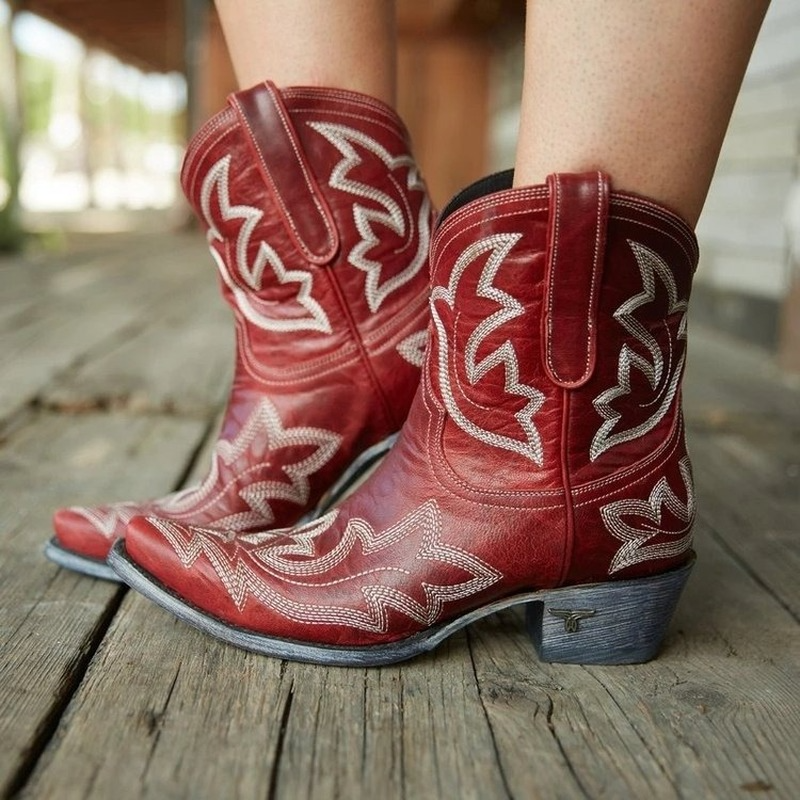 Women's Embroidered Leather Western Boots in Red