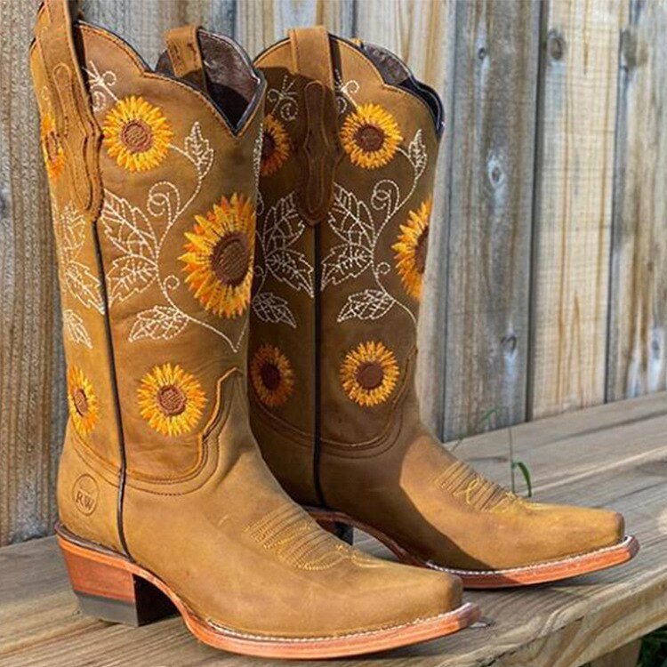 Women's Embroidered Western Leather Boots in Khaki