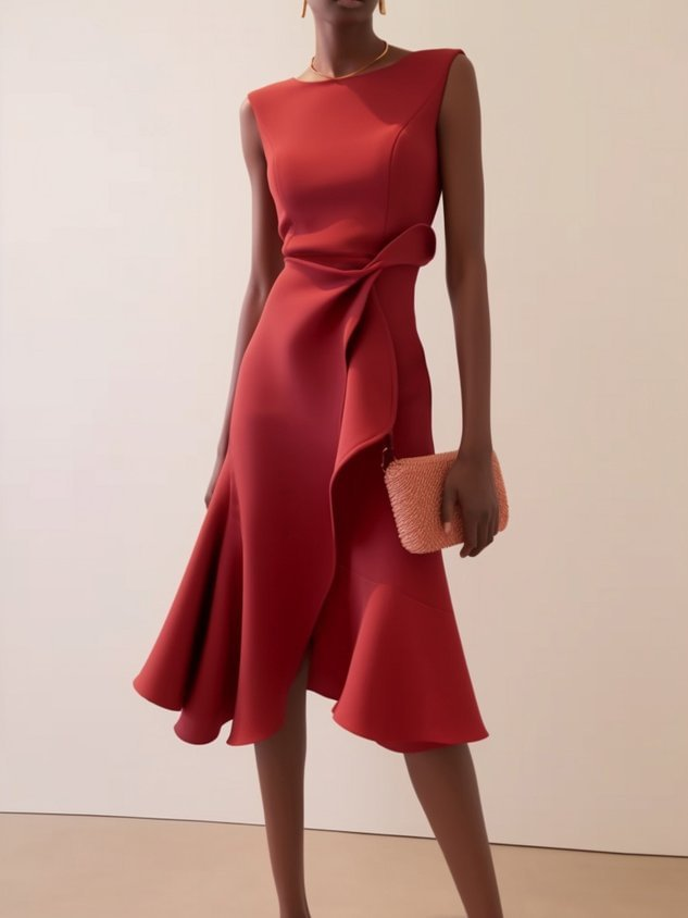 Women's Evening Dress Asymmetrical Midi in Red