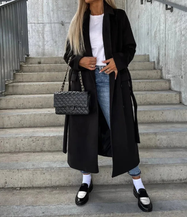 Women's Fall Coat Long-Line Trench in Black
