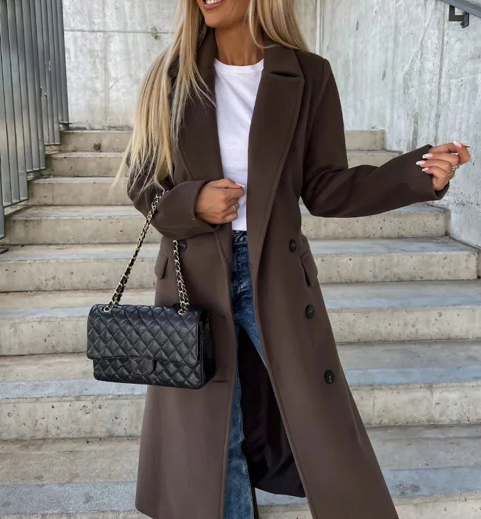 Women's Fall Coat Long-Line Trench in Dark Brown