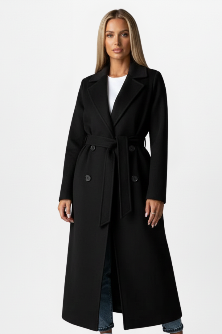 Women's Fall Jacket Double-Breasted Long Coat in Black