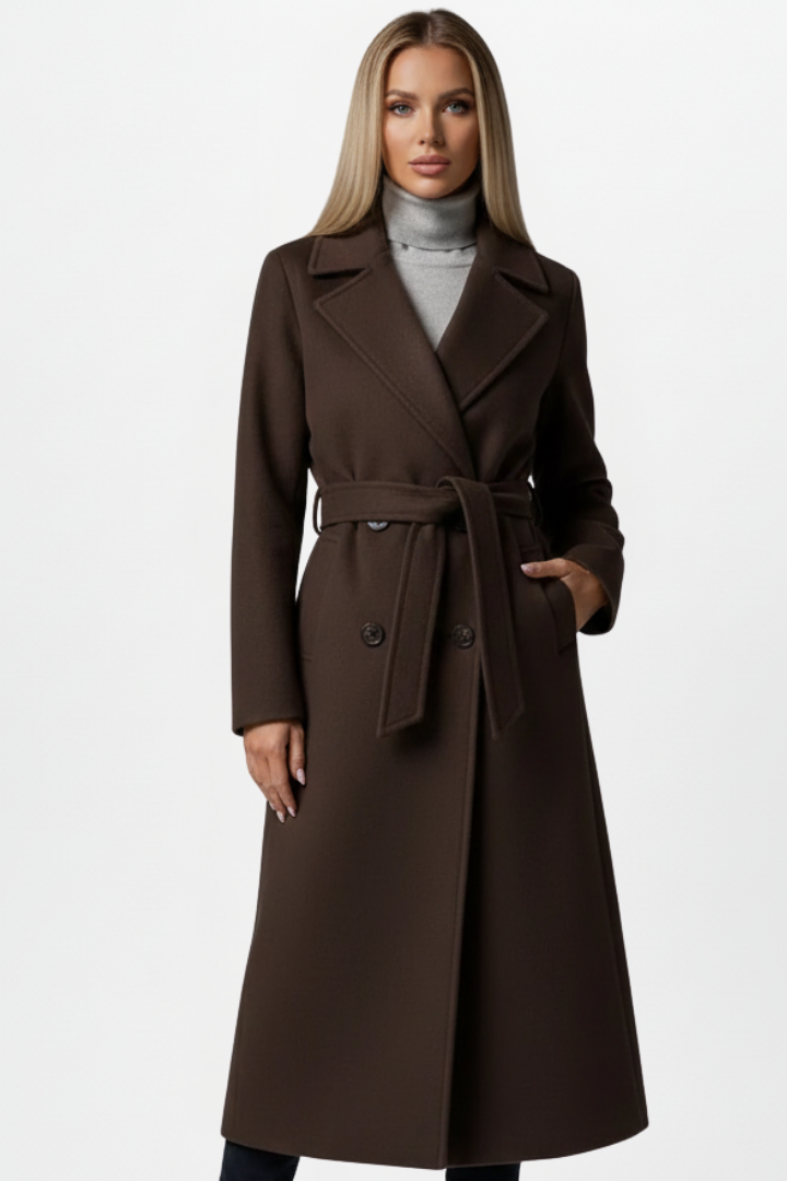Women's Fall Jacket Double-Breasted Long Coat in Chocolate Brown