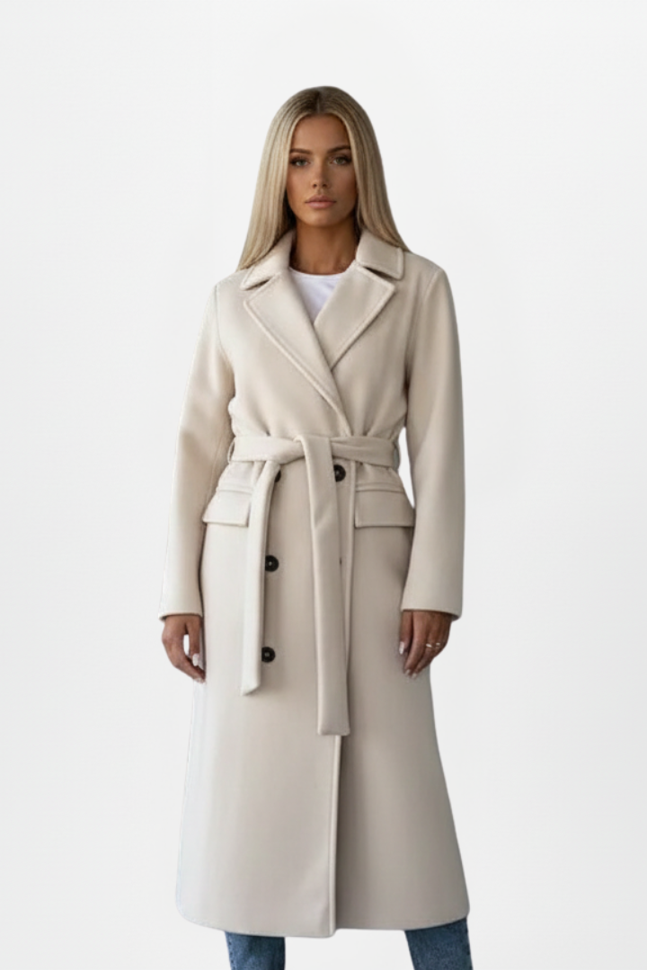 Women's Fall Jacket Double-Breasted Long Coat in Cream