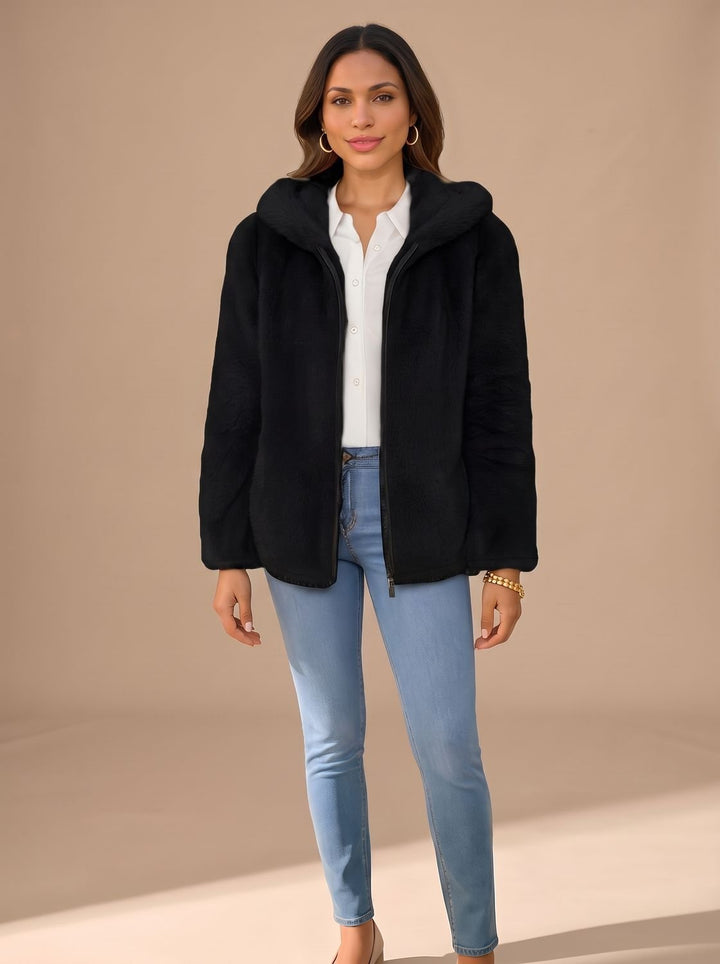 Women's Fall Jacket in Faux Fur Fleece in Black