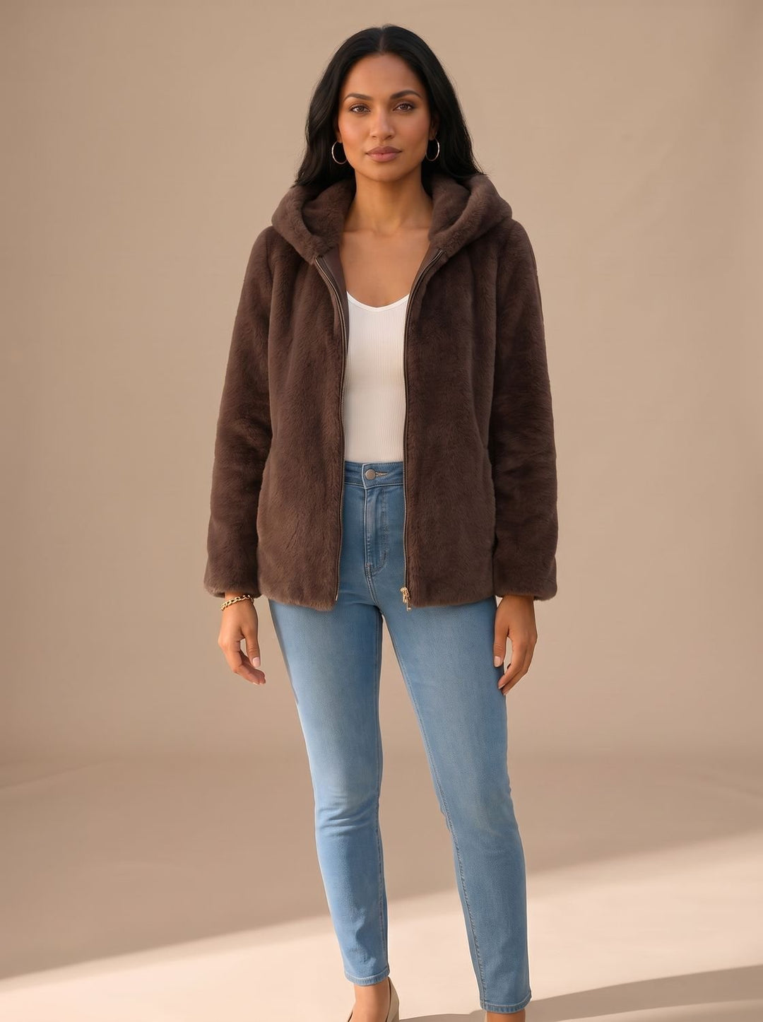 Women's Fall Jacket in Faux Fur Fleece in Brown