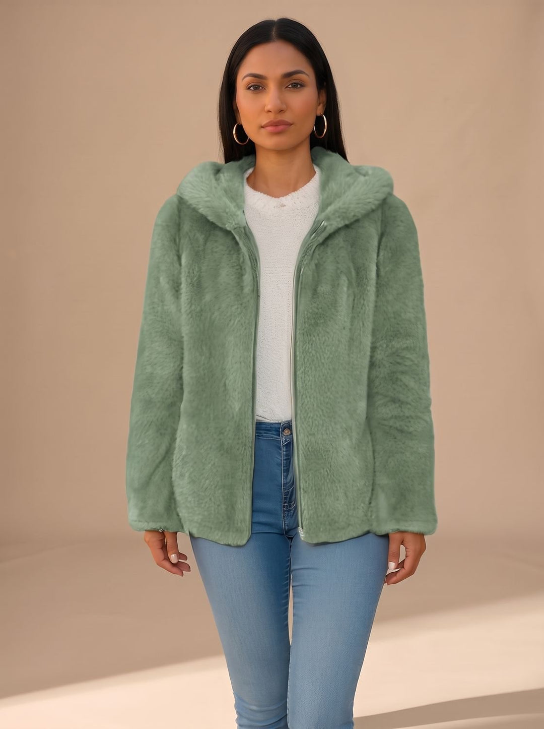 Women's Fall Jacket in Faux Fur Fleece in Green