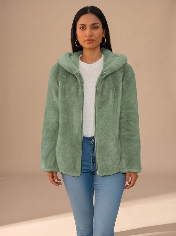 Women's Fall Jacket in Faux Fur Fleece in Green