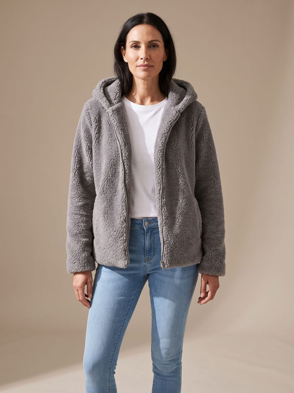 Women's Fall Jacket in Faux Fur Fleece in Grey