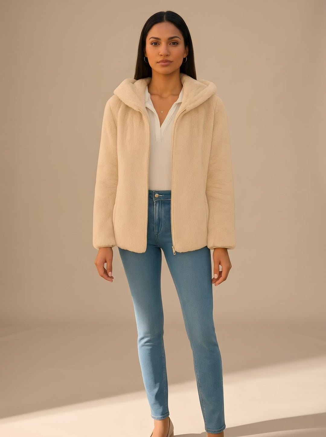 Women's Fall Jacket in Faux Fur Fleece in Light Brown