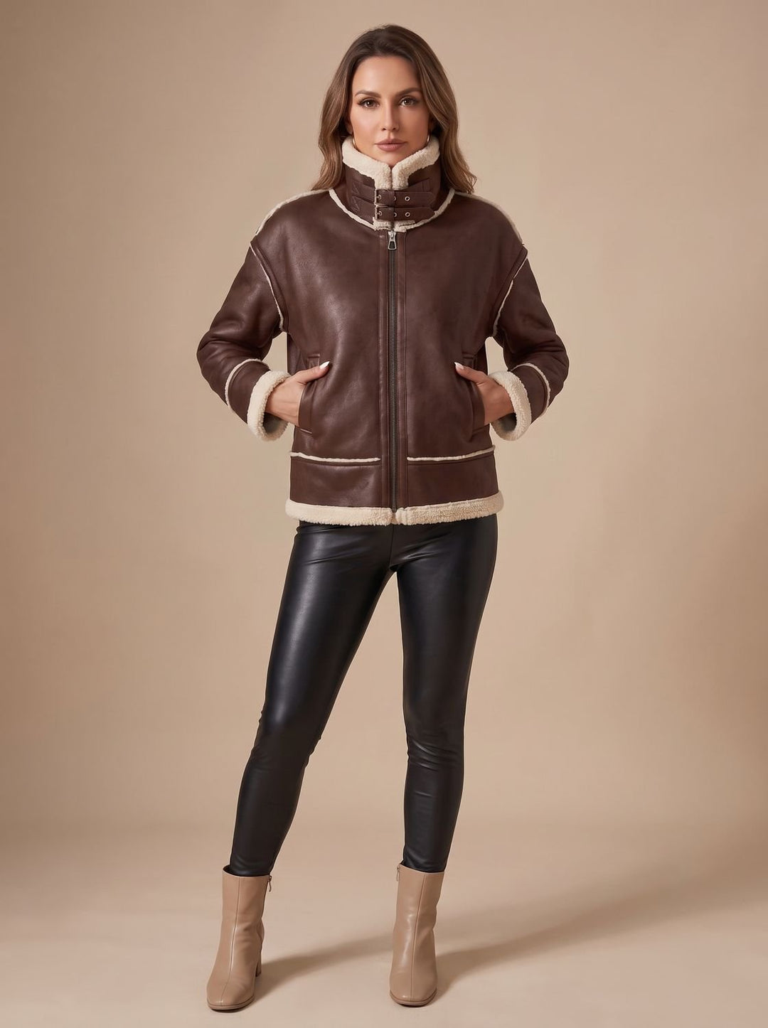 Women's Fall Jacket in Moto Aviator Style in Black 4