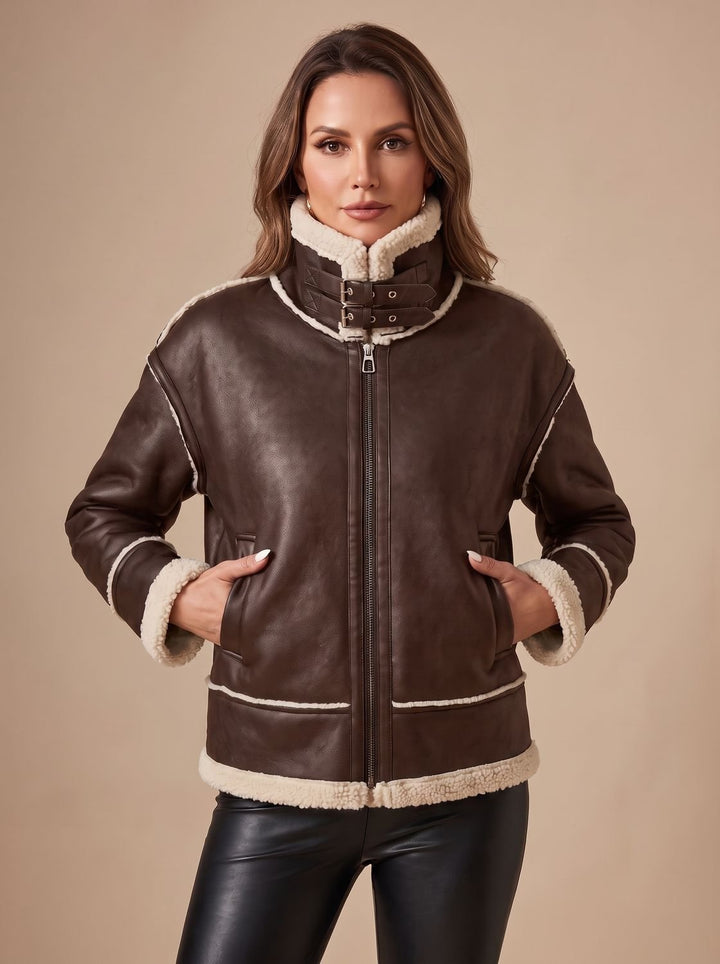 Women's Fall Jacket in Moto Aviator Style in Brown