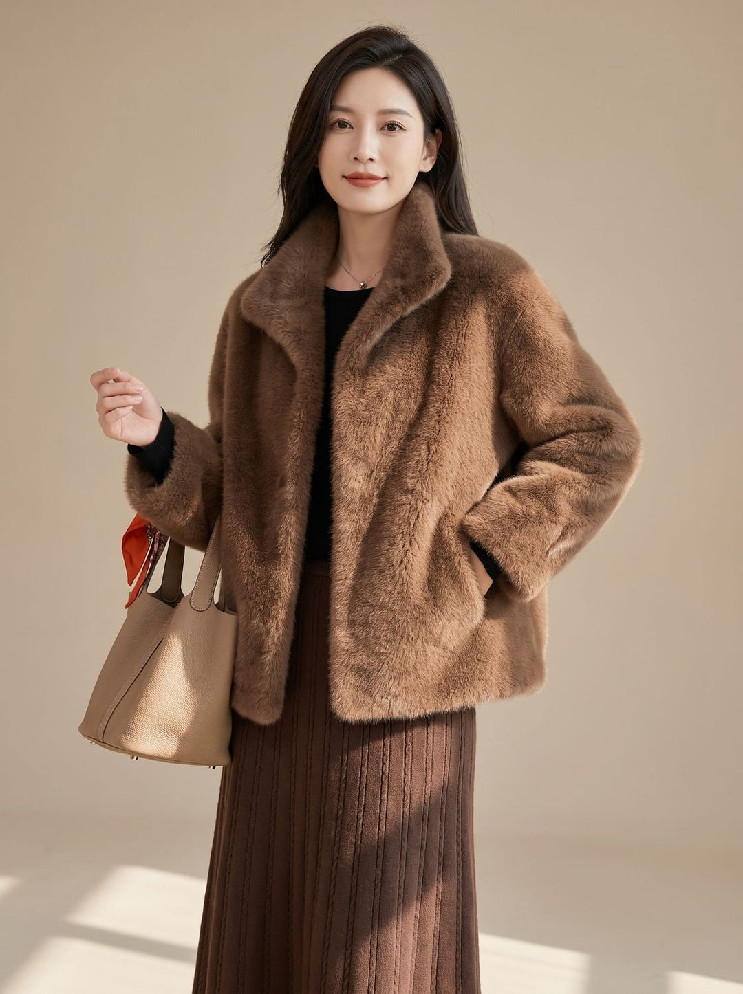 Women's Fall Jacket in Soft Faux Fur in Brown