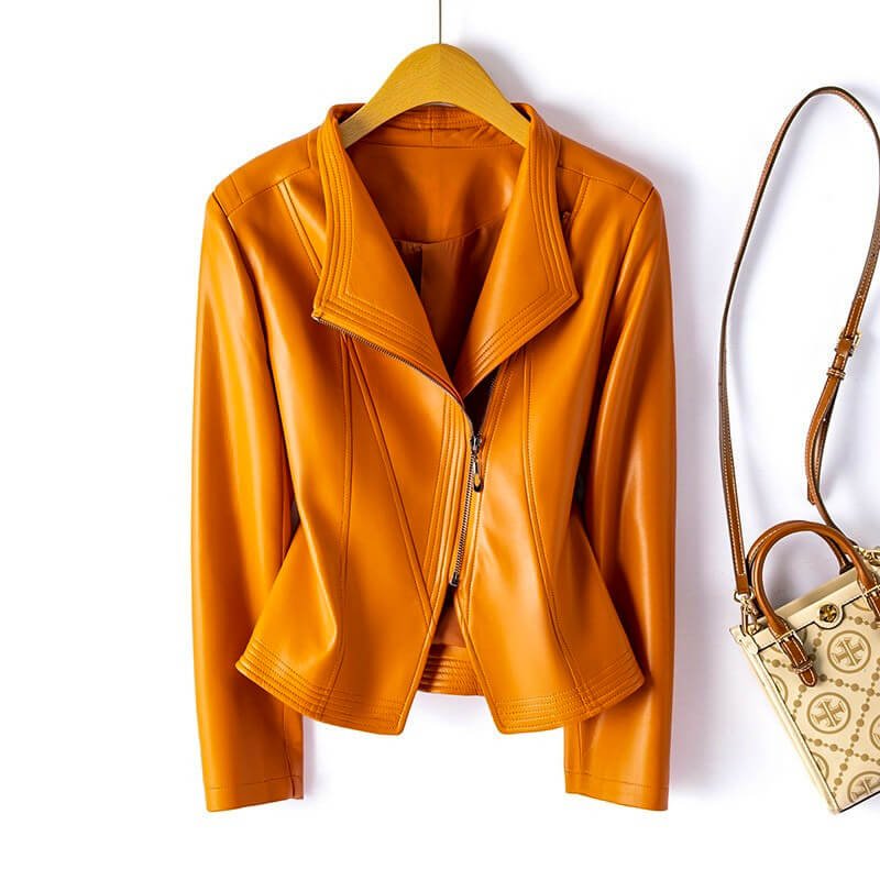 Women's Fall Jacket in Vegan Leather in Saffron Orange