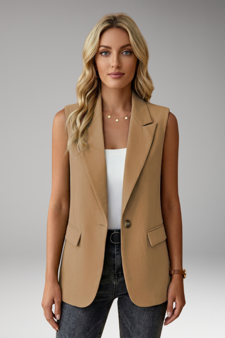 Women's Fall Jacket Notch Collar Sleeveless in Khaki