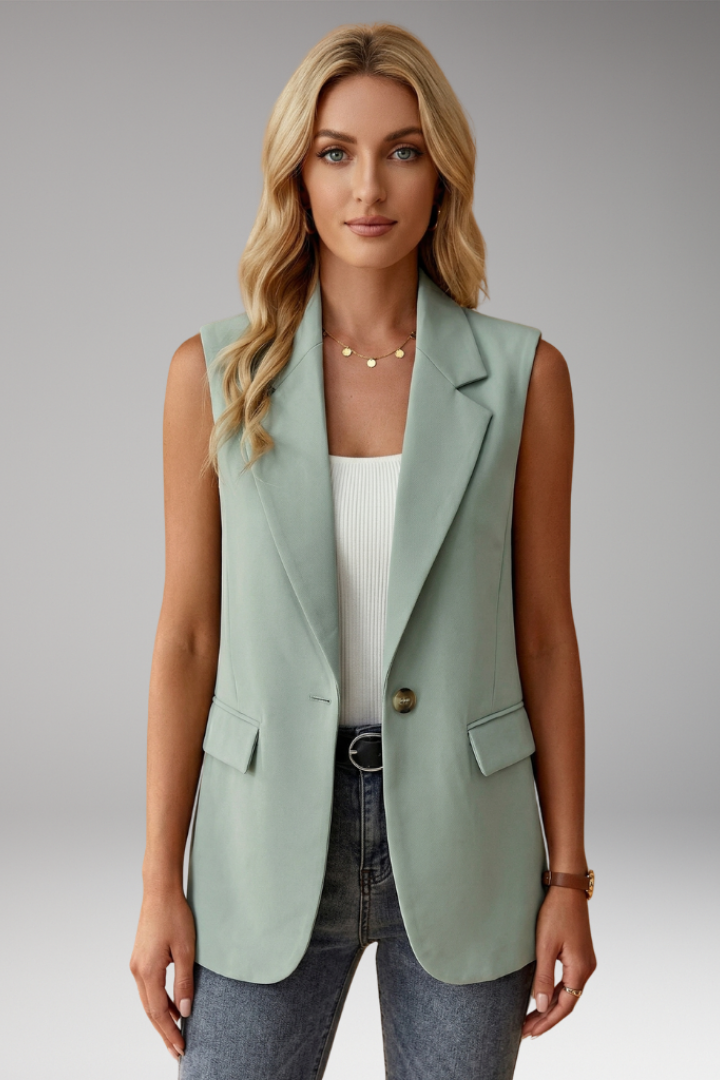 Women's Fall Jacket Notch Collar Sleeveless in Sage Green