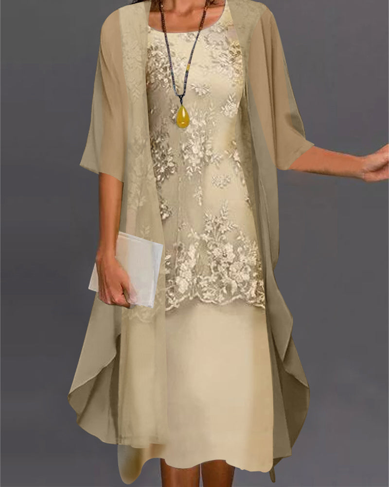Women's Fall Jacket Over Embroidered Midi Dress in Beige
