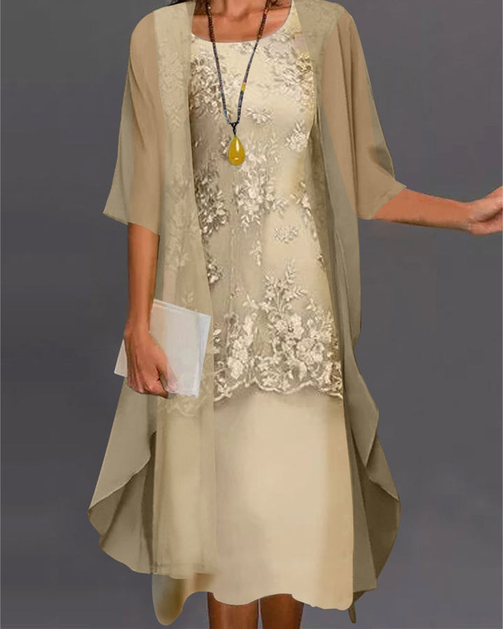 Women's Fall Jacket Over Embroidered Midi Dress in Beige