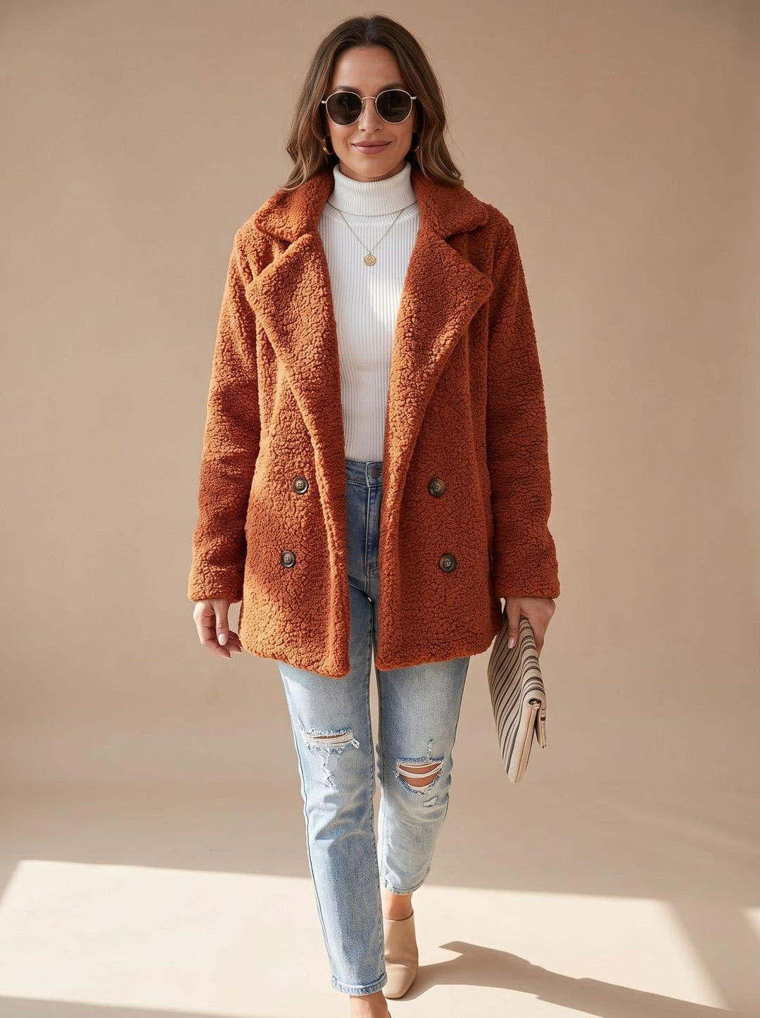 Women's Fall Jacket Oversized Teddy Faux Fur in Caramel