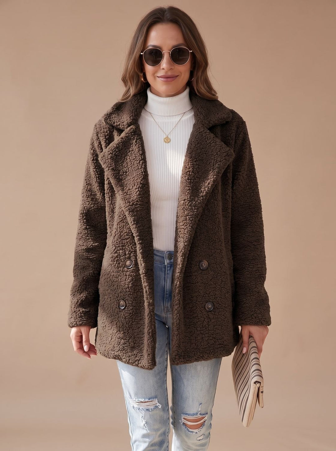 Women's Fall Jacket Oversized Teddy Faux Fur in Coffee