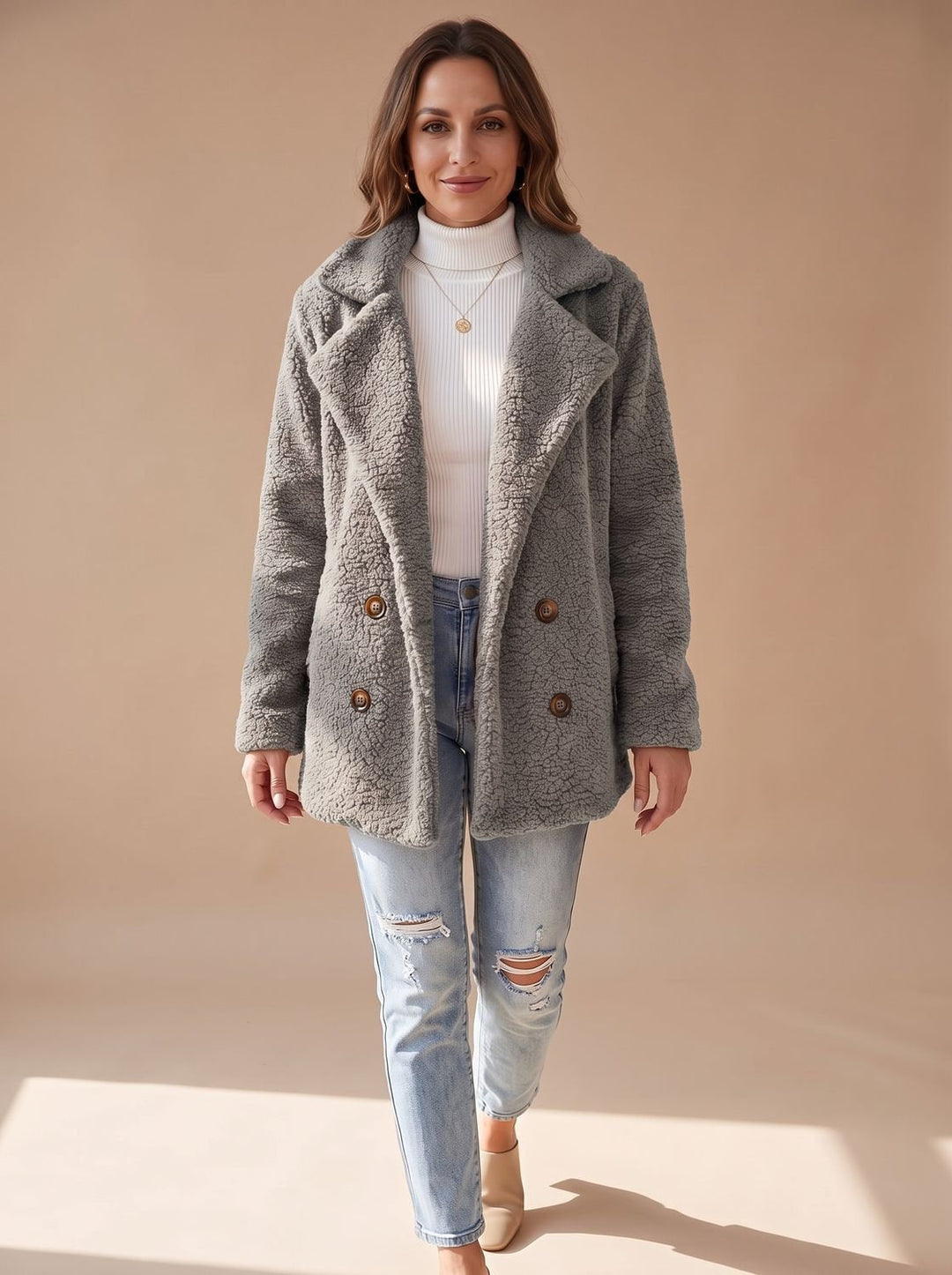 Women's Fall Jacket Oversized Teddy Faux Fur in Light Grey