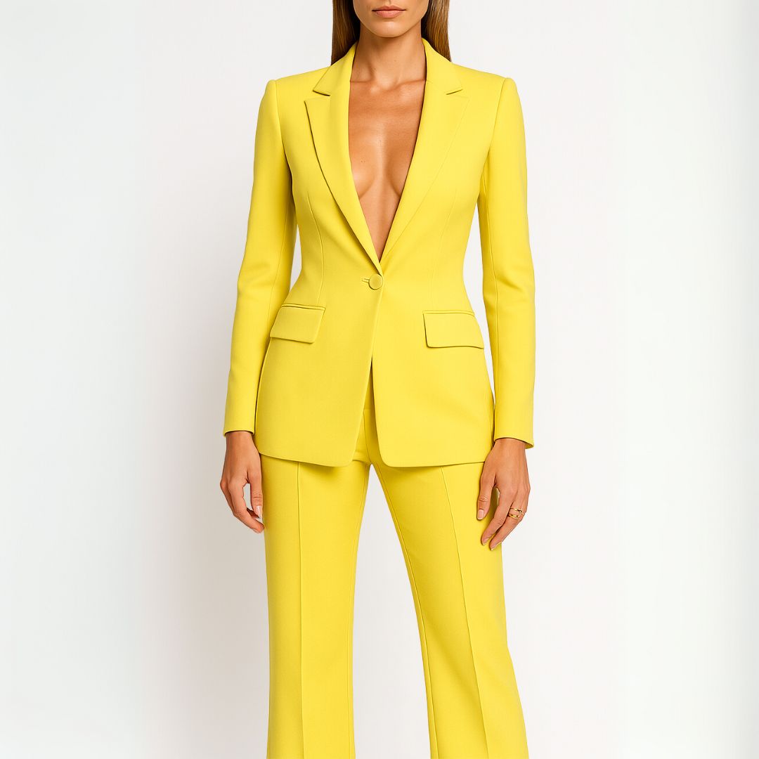 Women's Fall Jacket Set with Tailored Trousers in Yellow