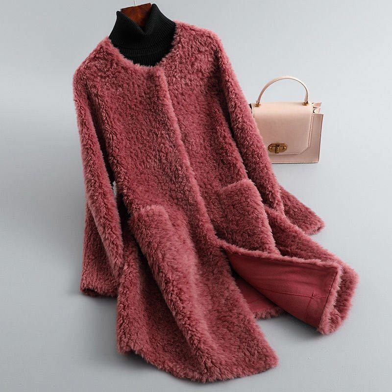 Women's Fall Jacket with Draped Shearling in Crimson Red