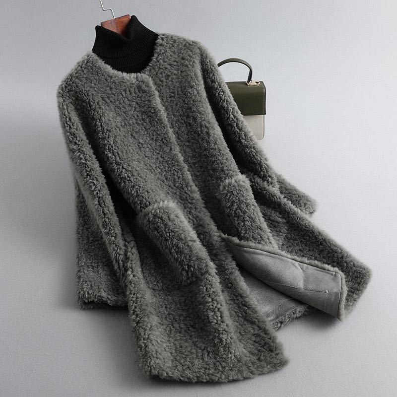 Women's Fall Jacket with Draped Shearling in Graphite Gray
