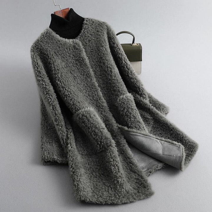 Women's Fall Jacket with Draped Shearling in Graphite Gray